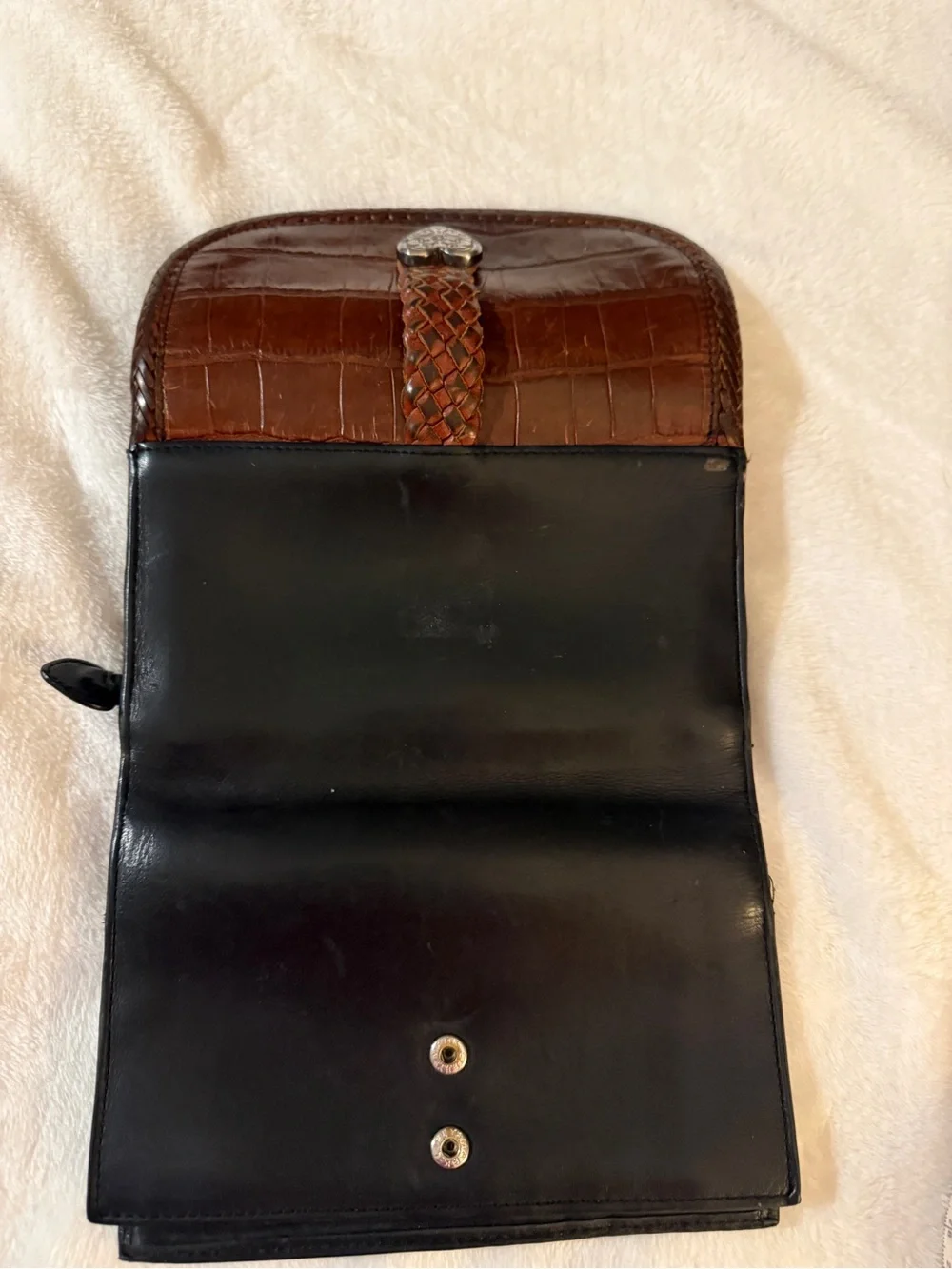 Brighton Women's Two-Tone Brown and Black Leather Wallet w/ Silver Heart.